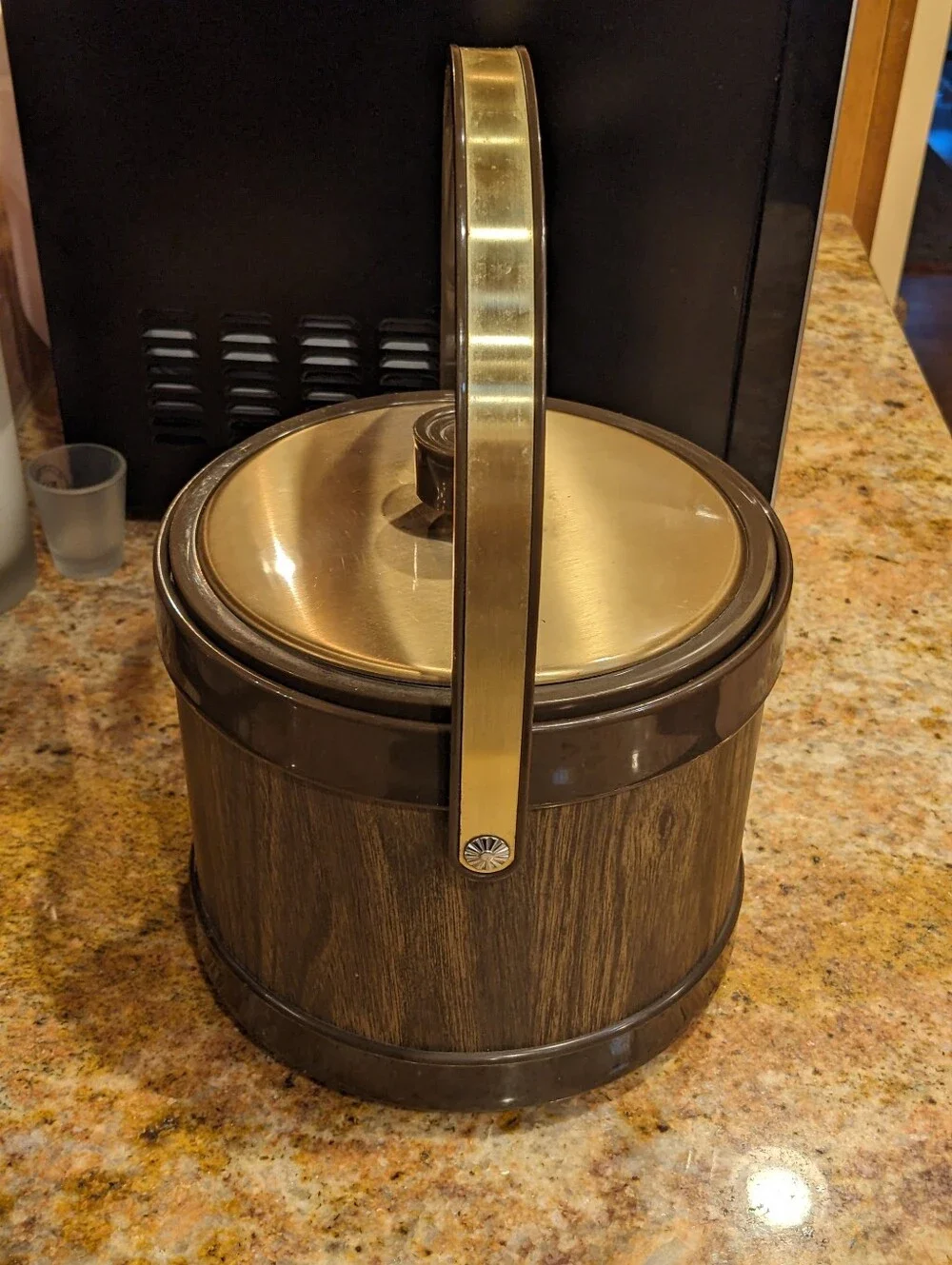 Vintage Atapco Ice Bucket Lid Handle Faux Wood Grain Faux Brass Accent Pre-owned
